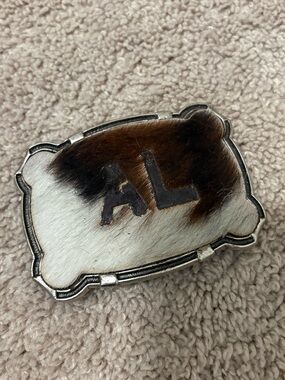 HHH Designs Brindle and White Cowhide “AL” Belt Buckle